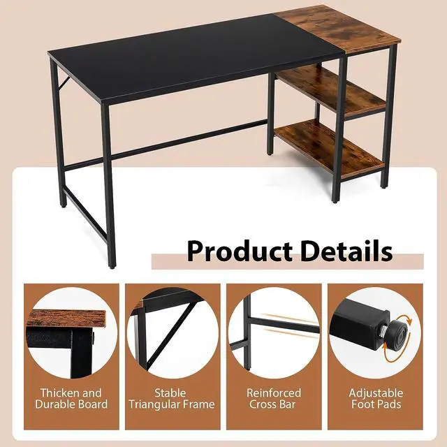 Alt view image 7 of 7 - Tangkula 55 Computer Desk, Large Home Office Desk with 2-Tier Storage Shelves, Modern Laptop PC Desk with Heavy-Duty Steel Frame, Multipurpose Writing Desk Study Desk (Black)