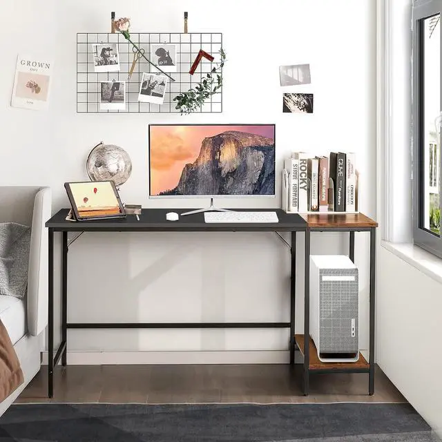 Alt view image 6 of 7 - Tangkula 55 Computer Desk, Large Home Office Desk with 2-Tier Storage Shelves, Modern Laptop PC Desk with Heavy-Duty Steel Frame, Multipurpose Writing Desk Study Desk (Black)