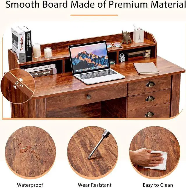 Alt view image 6 of 7 - Tangkula Computer Desk with 4 Storage Drawers & Hutch, 48" Home Office Desk Vintage Desk with Storage File Drawer & Cable Management Hole, Wooden Executive Desk Writing Study Desk