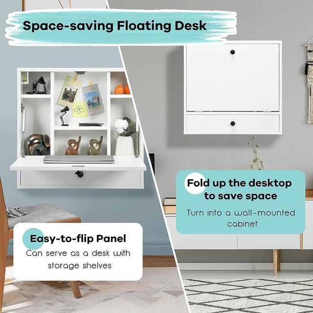 Alt view image 5 of 7 - Wall Mounted Desk, Wall Computer Desk w/Storage Drawer & Shelves, Compact Floating Desk for Wall, Space Saving Wall Desk Fold Down, Wall Desks for Small Spaces (White)