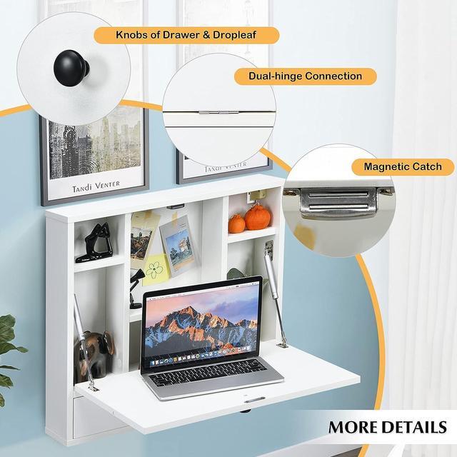 Alt view image 7 of 7 - Wall Mounted Desk, Wall Computer Desk w/Storage Drawer & Shelves, Compact Floating Desk for Wall, Space Saving Wall Desk Fold Down, Wall Desks for Small Spaces (White)
