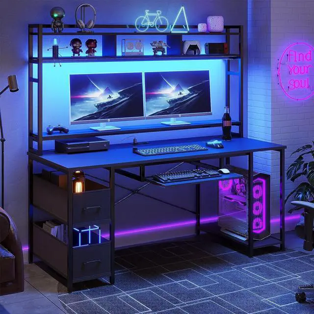 Alt view image 3 of 7 - Gaming Computer Desk, 55" Gaming Desk with LED Lights and Hutch, Computer Desk with Drawer, Power Outlet, Storage Shelves and Monitor Stand, Home Office Desk, Gamer Desk PC Table, Black