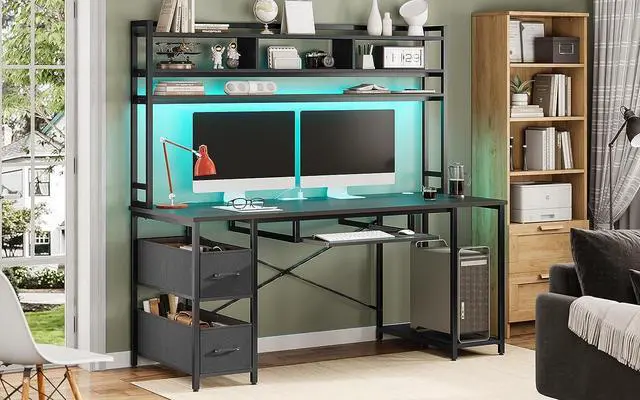 Alt view image 4 of 7 - Gaming Computer Desk, 55" Gaming Desk with LED Lights and Hutch, Computer Desk with Drawer, Power Outlet, Storage Shelves and Monitor Stand, Home Office Desk, Gamer Desk PC Table, Black