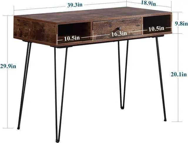 Alt view image 3 of 7 - VECELO 39.3" Home Office Work Table with Drawers Computer Desk Writing/Study, 39 Inch Hairpin Legs, Retro Brown
