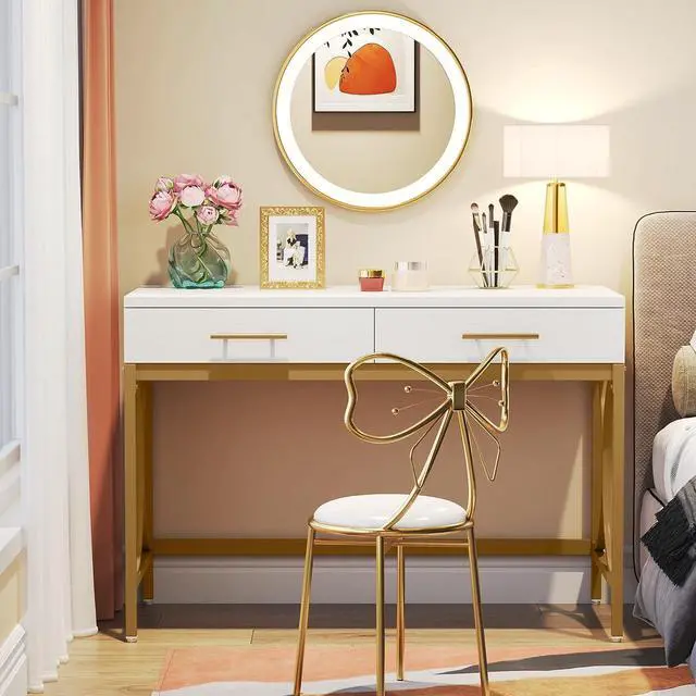 Alt view image 4 of 7 - Tribesigns Modern Computer Desk with 2 Drawers, 41 Inches Study Writing Office Desk for Home Office, Bedroom, Makeup Vanity Table Desk with Gold Metal Frame, White & Gold