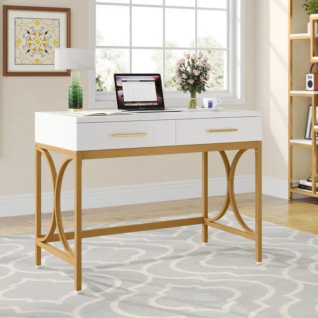 Alt view image 3 of 7 - Tribesigns Modern Computer Desk with 2 Drawers, 41 Inches Study Writing Office Desk for Home Office, Bedroom, Makeup Vanity Table Desk with Gold Metal Frame, White & Gold