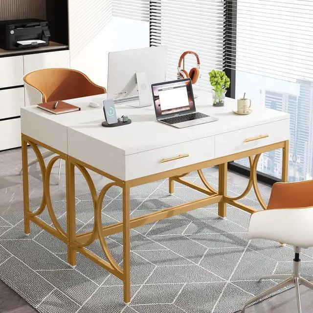 Alt view image 7 of 7 - Tribesigns Modern Computer Desk with 2 Drawers, 41 Inches Study Writing Office Desk for Home Office, Bedroom, Makeup Vanity Table Desk with Gold Metal Frame, White & Gold