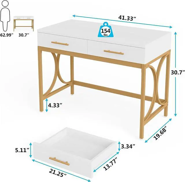Alt view image 2 of 7 - Tribesigns Modern Computer Desk with 2 Drawers, 41 Inches Study Writing Office Desk for Home Office, Bedroom, Makeup Vanity Table Desk with Gold Metal Frame, White & Gold