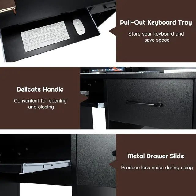 Alt view image 7 of 7 - COSTWAY Computer Desk with Hutch, Home Office Desk with Drawer, Adjustable Shelf & Keyboard Tray, Study Writing Desk, Executive Workstation for Living Room, Bedroom & Study (Black)