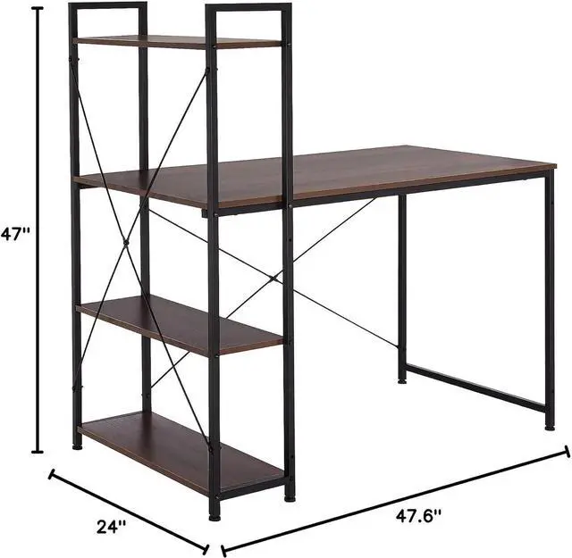 Alt view image 2 of 7 - Coral Flower Tower Computer Desk with 4 Tier Shelves - 47.6'' Multi Level Writing Study Table with Bookshelves Modern Steel Frame Wood Desk Compact Home Office Workstation (Natural brown)