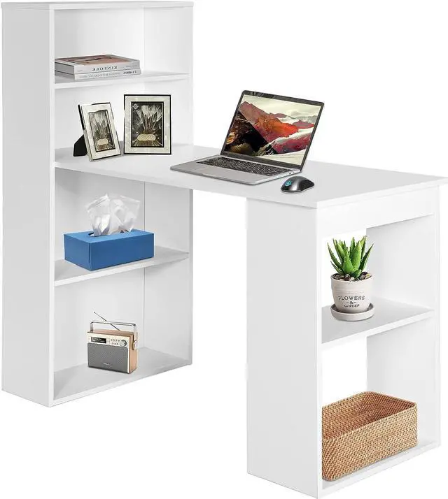 Main image of COSTWAY White Computer Desk with Shelves, 48 Study Writing Desk with 6-Tier Storage Shelves, Reversible Study Workstation w/Wide Base for Home, Office & Dorm, Easy Assembly