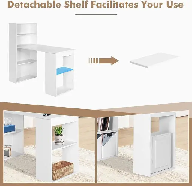 Alt view image 5 of 7 - COSTWAY White Computer Desk with Shelves, 48 Study Writing Desk with 6-Tier Storage Shelves, Reversible Study Workstation w/Wide Base for Home, Office & Dorm, Easy Assembly