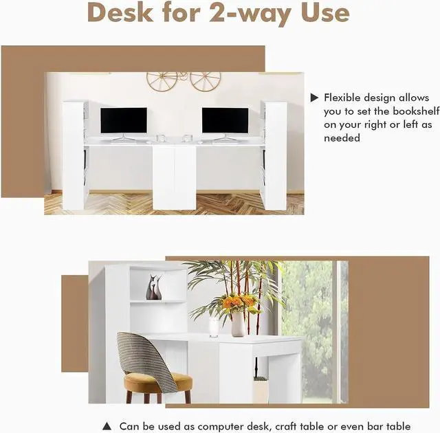 Alt view image 7 of 7 - COSTWAY White Computer Desk with Shelves, 48 Study Writing Desk with 6-Tier Storage Shelves, Reversible Study Workstation w/Wide Base for Home, Office & Dorm, Easy Assembly