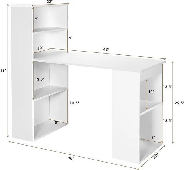 Alt view image 3 of 7 - COSTWAY White Computer Desk with Shelves, 48 Study Writing Desk with 6-Tier Storage Shelves, Reversible Study Workstation w/Wide Base for Home, Office & Dorm, Easy Assembly