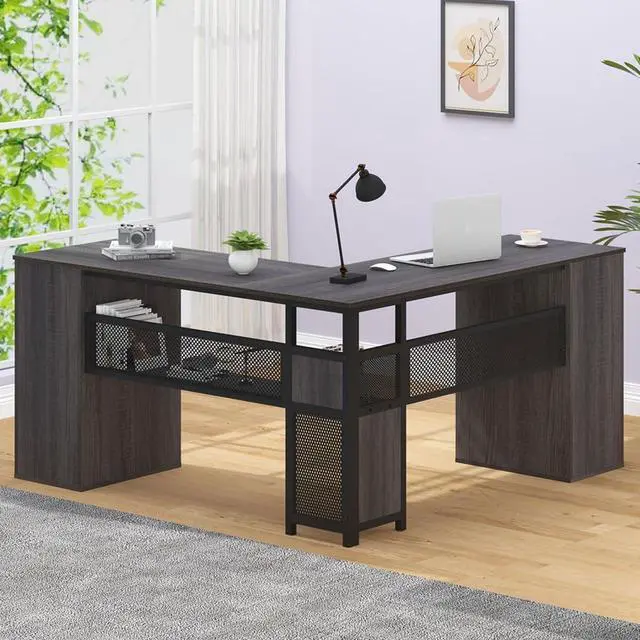 Alt view image 3 of 7 - HSH L Shaped Corner Home Office Desk with Drawers, Large Computer Desk with Storage File Cabinet Shelves, Rustic Wood Metal Computer Table for Bedroom Executive Work Study Writing, Dark Gray, 59 Inch