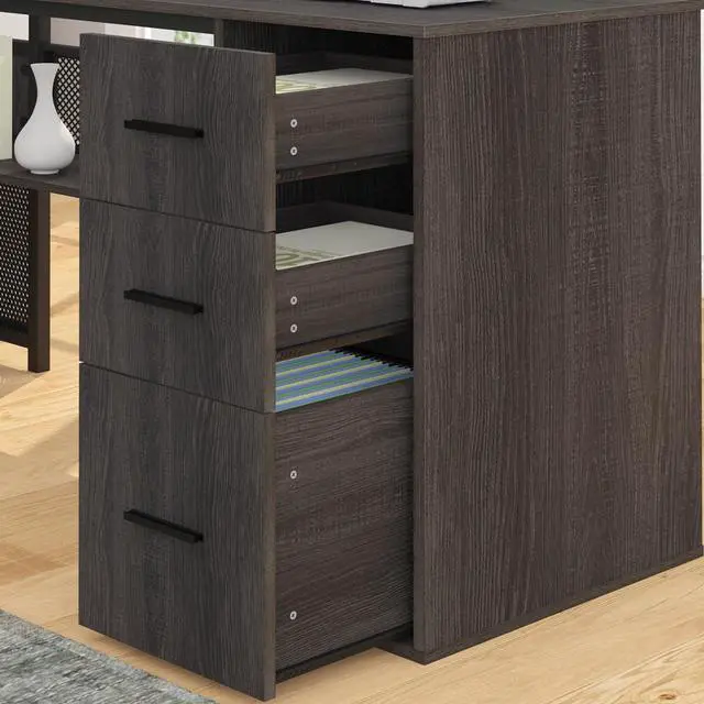 Alt view image 5 of 7 - HSH L Shaped Corner Home Office Desk with Drawers, Large Computer Desk with Storage File Cabinet Shelves, Rustic Wood Metal Computer Table for Bedroom Executive Work Study Writing, Dark Gray, 59 Inch