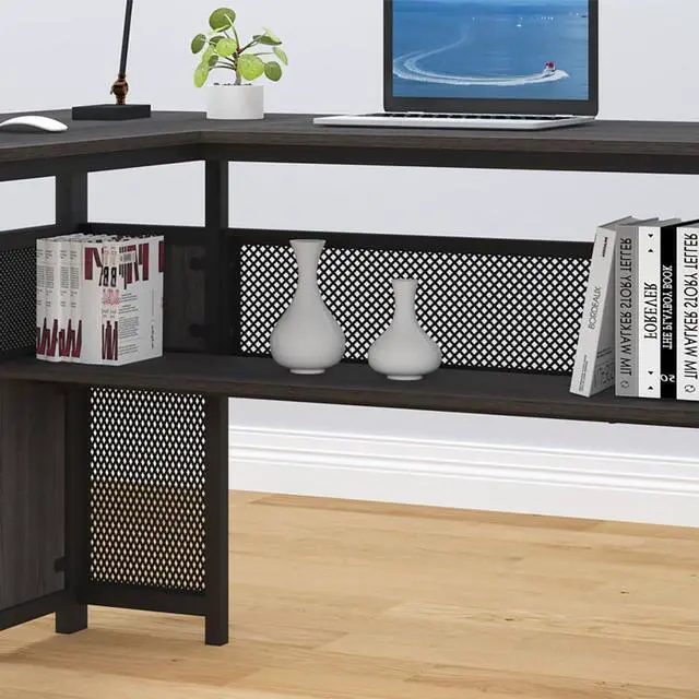 Alt view image 7 of 7 - HSH L Shaped Corner Home Office Desk with Drawers, Large Computer Desk with Storage File Cabinet Shelves, Rustic Wood Metal Computer Table for Bedroom Executive Work Study Writing, Dark Gray, 59 Inch
