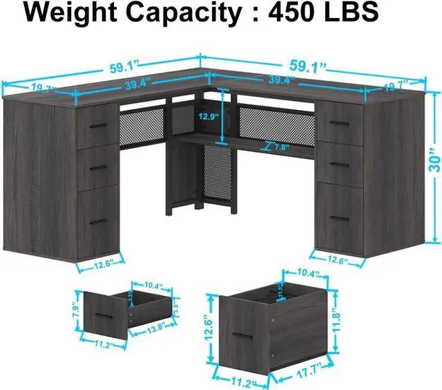 Alt view image 2 of 7 - HSH L Shaped Corner Home Office Desk with Drawers, Large Computer Desk with Storage File Cabinet Shelves, Rustic Wood Metal Computer Table for Bedroom Executive Work Study Writing, Dark Gray, 59 Inch