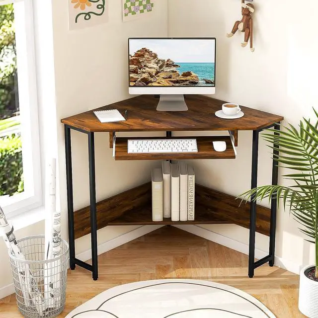 Alt view image 2 of 7 - Tangkula Corner Desk with Keyboard Tray, 90-Degree Triangle Corner Computer Desk for Small Space, Industrial Writing Desk with Storage Shelf, Space-Saving Laptop PC Desk (Rustic Brown)