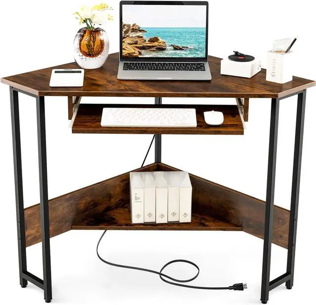 Main image of Tangkula Corner Desk with Keyboard Tray, 90-Degree Triangle Corner Computer Desk for Small Space, Industrial Writing Desk with Storage Shelf, Space-Saving Laptop PC Desk (Rustic Brown)