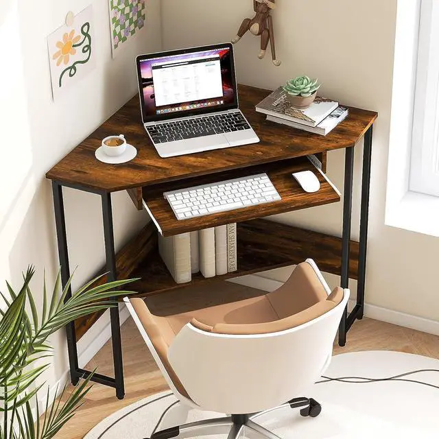 Alt view image 4 of 7 - Tangkula Corner Desk with Keyboard Tray, 90-Degree Triangle Corner Computer Desk for Small Space, Industrial Writing Desk with Storage Shelf, Space-Saving Laptop PC Desk (Rustic Brown)