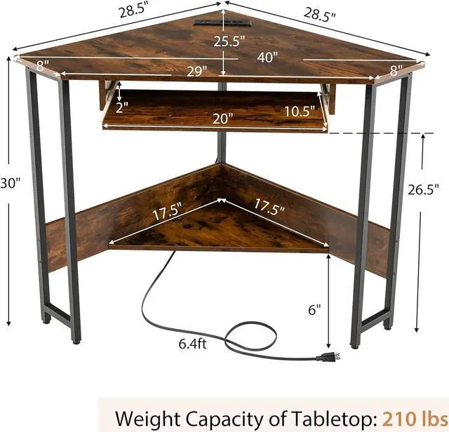 Alt view image 3 of 7 - Tangkula Corner Desk with Keyboard Tray, 90-Degree Triangle Corner Computer Desk for Small Space, Industrial Writing Desk with Storage Shelf, Space-Saving Laptop PC Desk (Rustic Brown)