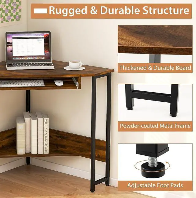 Alt view image 5 of 7 - Tangkula Corner Desk with Keyboard Tray, 90-Degree Triangle Corner Computer Desk for Small Space, Industrial Writing Desk with Storage Shelf, Space-Saving Laptop PC Desk (Rustic Brown)