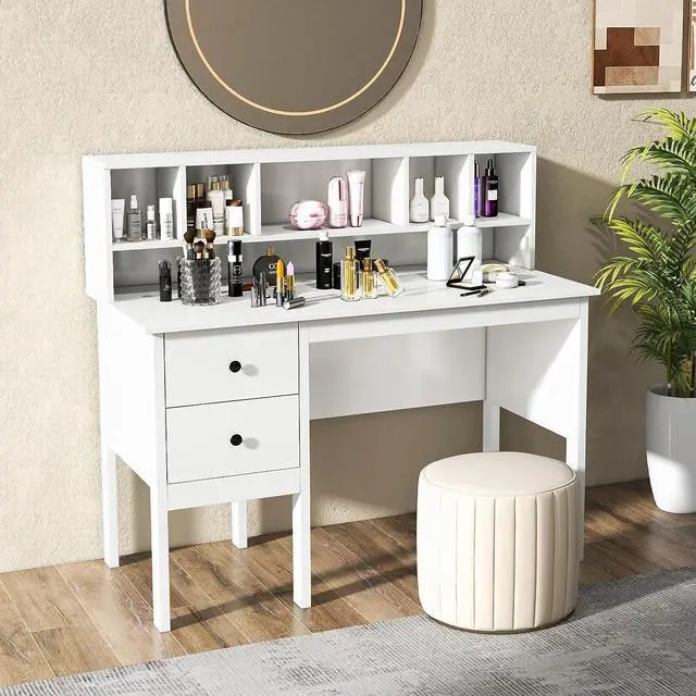 Alt view image 5 of 7 - Tangkula White Desk with Drawers & Hutch, Modern Home Office Desk Writing Study Desk with Charging Station, Laptop Desk with 5 Storage Compartments, Computer Workstation Makeup Vanity Desk