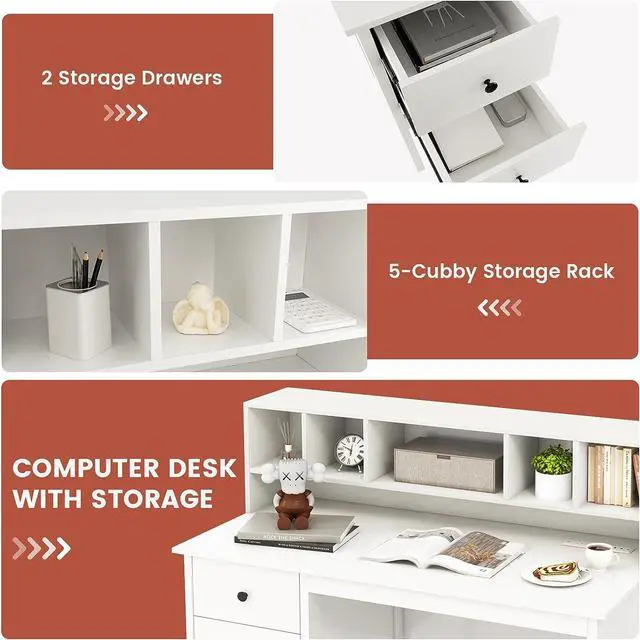 Alt view image 6 of 7 - Tangkula White Desk with Drawers & Hutch, Modern Home Office Desk Writing Study Desk with Charging Station, Laptop Desk with 5 Storage Compartments, Computer Workstation Makeup Vanity Desk