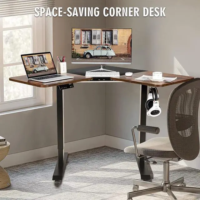 Alt view image 2 of 7 - COSTWAY L Shaped Electric Adjustable Desk, L-Shaped Standing Computer Desk w/Splice Tabletop, 2 Hooks & Rolling Casters, Sit-Stand Corner Desk w/ 4 Memory Positions for Home Office (Rustic Brown)