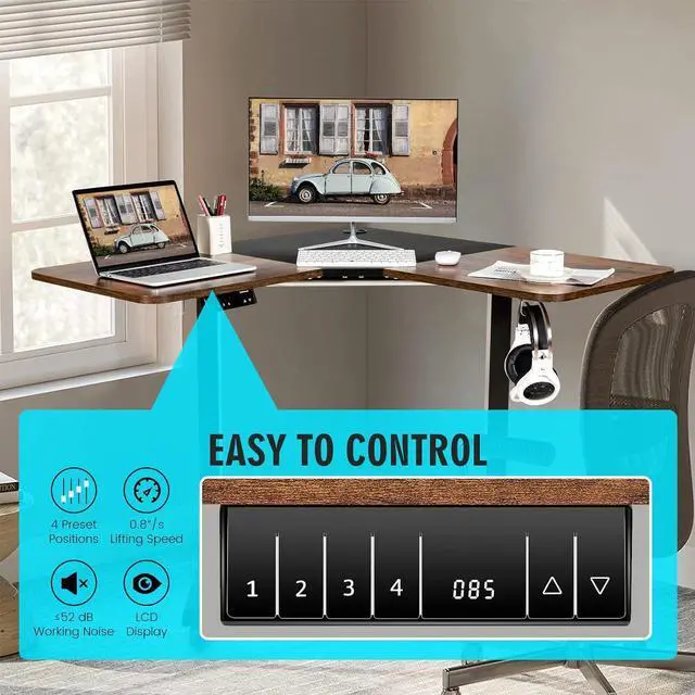 Alt view image 4 of 7 - COSTWAY L Shaped Electric Adjustable Desk, L-Shaped Standing Computer Desk w/Splice Tabletop, 2 Hooks & Rolling Casters, Sit-Stand Corner Desk w/ 4 Memory Positions for Home Office (Rustic Brown)