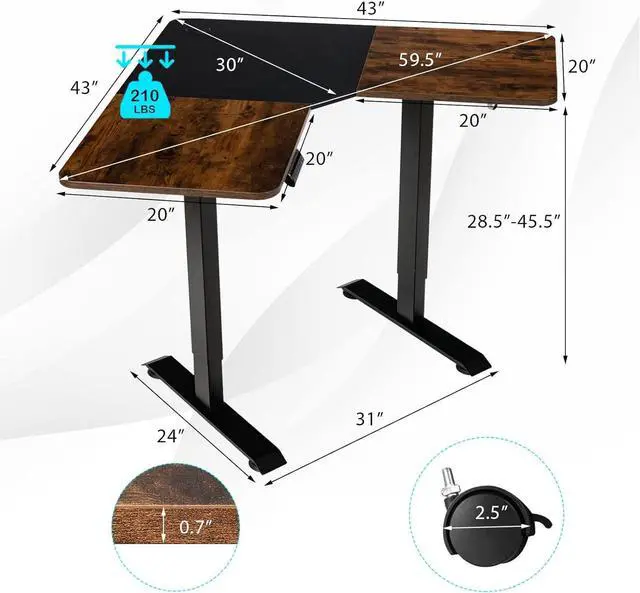 Alt view image 7 of 7 - COSTWAY L Shaped Electric Adjustable Desk, L-Shaped Standing Computer Desk w/Splice Tabletop, 2 Hooks & Rolling Casters, Sit-Stand Corner Desk w/ 4 Memory Positions for Home Office (Rustic Brown)