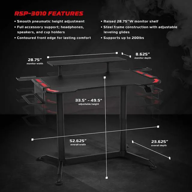 Alt view image 5 of 7 - RESPAWN RSP-3010 Computer Ergonomic Gaming Desk, Height Adjustable 52.6 in, Red