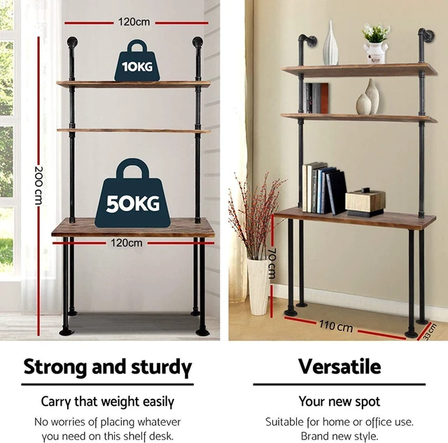 Alt view image 2 of 7 - Industrial Style Office Decor,Computer Desk 47.2"×20"×79" with 2-Tier Storage Pipe Shelves,Bookshelf Laptop Desk,Studying Writing Table Workstation with Hutch for Home Ofiice