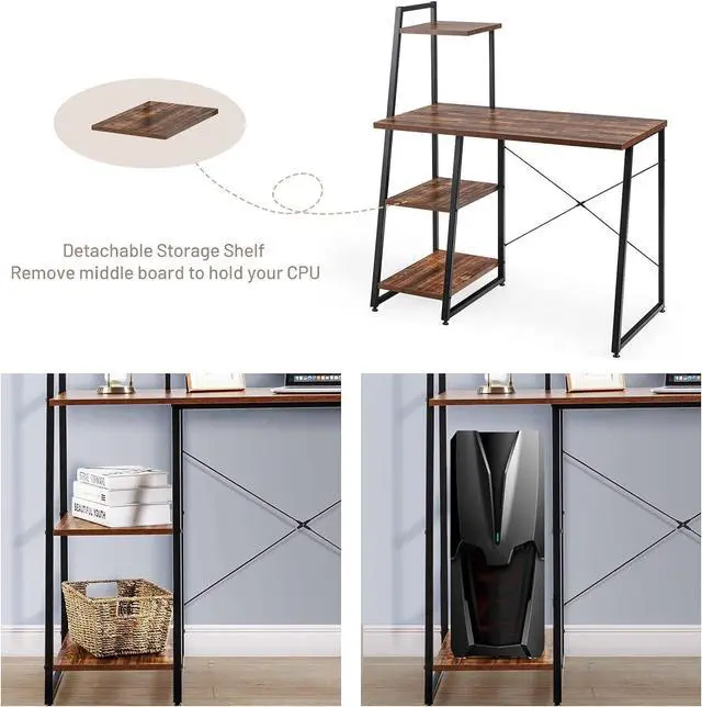 Alt view image 6 of 7 - COSTWAY Computer Desk with 4-Tier Storage Shelves, Home Office Desk Writing Table with Sturdy X-Shape Frame, Adjustable Foot Pads, Modern Simple Style Small Study Desk, Wide Tabletop (Brown and Black)