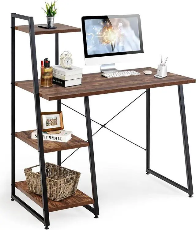 Main image of COSTWAY Computer Desk with 4-Tier Storage Shelves, Home Office Desk Writing Table with Sturdy X-Shape Frame, Adjustable Foot Pads, Modern Simple Style Small Study Desk, Wide Tabletop (Brown and Black)