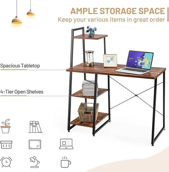 Alt view image 7 of 7 - COSTWAY Computer Desk with 4-Tier Storage Shelves, Home Office Desk Writing Table with Sturdy X-Shape Frame, Adjustable Foot Pads, Modern Simple Style Small Study Desk, Wide Tabletop (Brown and Black)