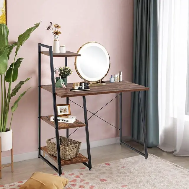 Alt view image 4 of 7 - COSTWAY Computer Desk with 4-Tier Storage Shelves, Home Office Desk Writing Table with Sturdy X-Shape Frame, Adjustable Foot Pads, Modern Simple Style Small Study Desk, Wide Tabletop (Brown and Black)