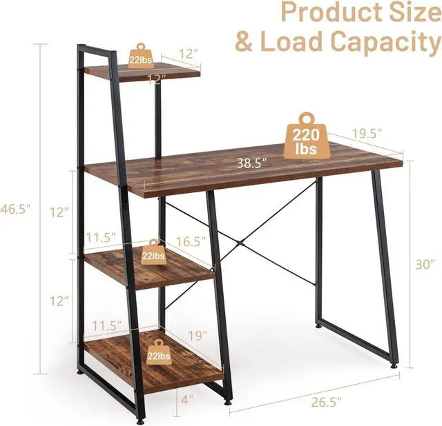 Alt view image 3 of 7 - COSTWAY Computer Desk with 4-Tier Storage Shelves, Home Office Desk Writing Table with Sturdy X-Shape Frame, Adjustable Foot Pads, Modern Simple Style Small Study Desk, Wide Tabletop (Brown and Black)