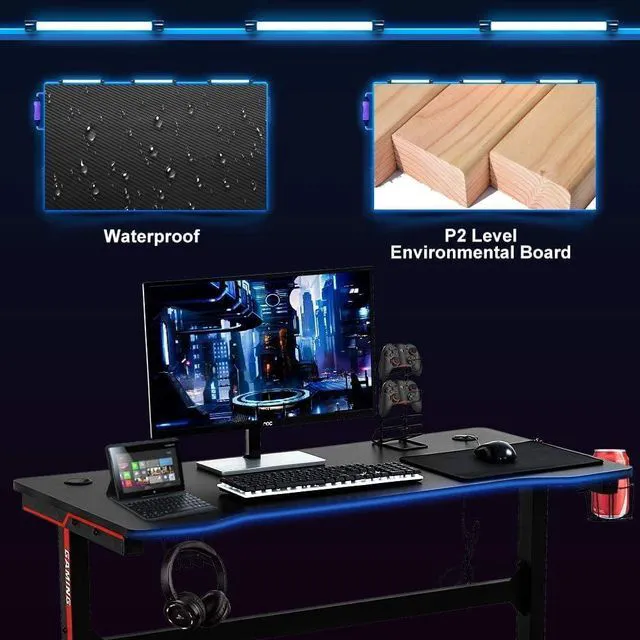 Alt view image 3 of 7 - Dkelincs 47 Inch Gaming Desk T-Shaped Computer Desk PC Computer Table Home Office Desk Ergonomic Gamer Workstation with Headphone Hook and Cup Holder, Red