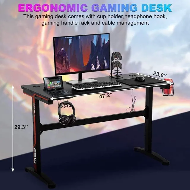 Alt view image 2 of 7 - Dkelincs 47 Inch Gaming Desk T-Shaped Computer Desk PC Computer Table Home Office Desk Ergonomic Gamer Workstation with Headphone Hook and Cup Holder, Red