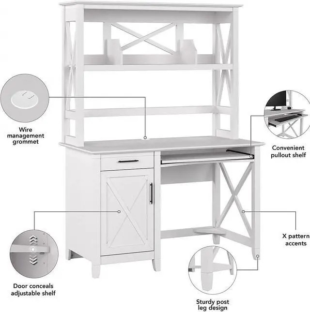 Alt view image 4 of 7 - Bush Furniture Key West 48-inch Computer Desk with Hutch, Pure White Oak (KWD248WT-03)