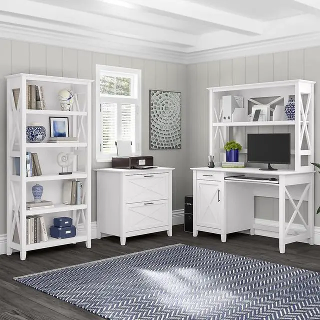 Alt view image 6 of 7 - Bush Furniture Key West 48-inch Computer Desk with Hutch, Pure White Oak (KWD248WT-03)