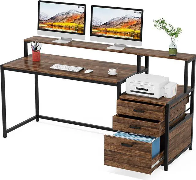 Alt view image 7 of 7 - Tribesigns 63 Inch Computer Desk with File Drawer Cabinet, Ergonomic Desk | Office Desk with Monitor Stand, Computer Table with Printer Space, Wood PC Table Workstation Desk for Home Office