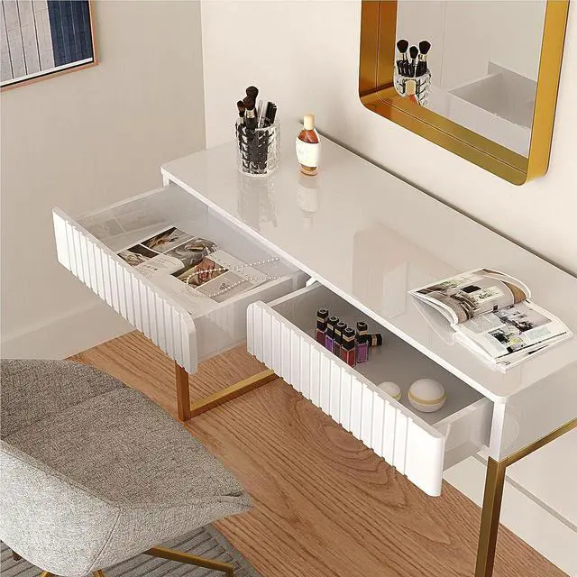 Alt view image 3 of 7 - Elegant Modern Desk, 2 Drawers, Gold Legs, 43.3x15.75 inches, Home Office, Makeup Vanity, Computer, Writing, Study, Entryway, Sofa Table