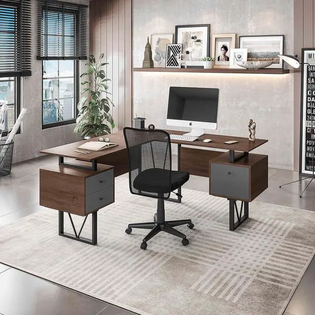 Alt view image 2 of 7 - Techni Mobili Reversible Modern Versatile L Shaped Drawers and File Cabinet Home Office Desk, 59" W x 57.3" D x 30" H, Brown, Grey
