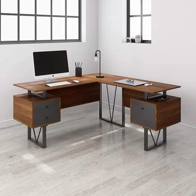 Alt view image 4 of 7 - Techni Mobili Reversible Modern Versatile L Shaped Drawers and File Cabinet Home Office Desk, 59" W x 57.3" D x 30" H, Brown, Grey