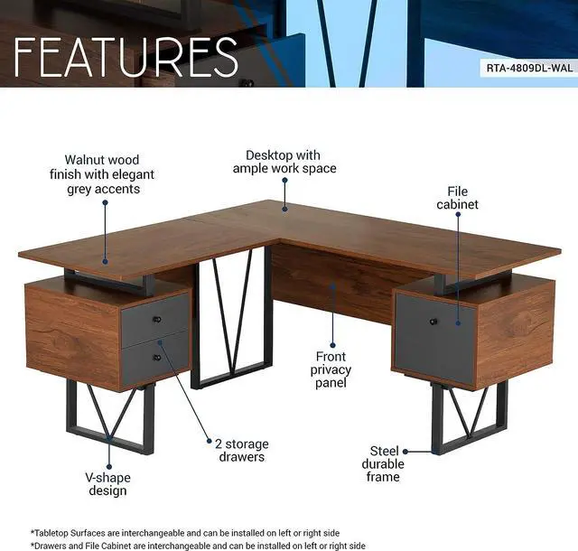 Alt view image 3 of 7 - Techni Mobili Reversible Modern Versatile L Shaped Drawers and File Cabinet Home Office Desk, 59" W x 57.3" D x 30" H, Brown, Grey