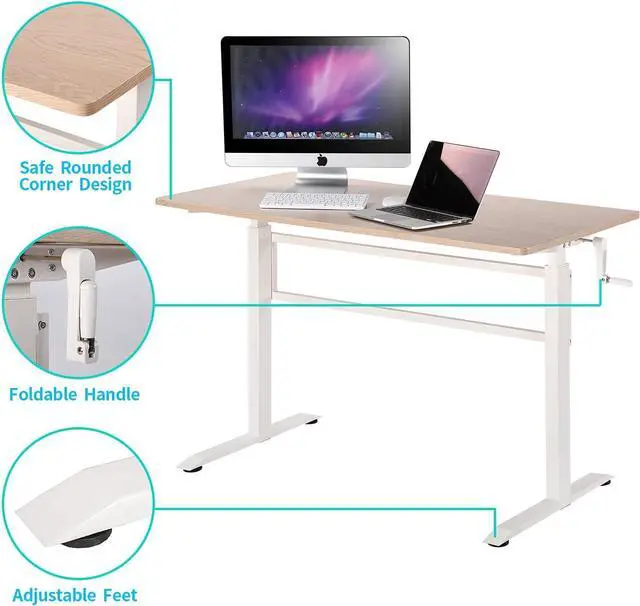 Alt view image 5 of 7 - UNICOO Manual Standing Desk Adjustable Height Heavy Duty Game Desk, Crank Adjustable Desk, Adjustable Computer Desk, Manual Stand Up Desk with Headphone Hook,48 x 24 Inches(SYK01-Light Oak)