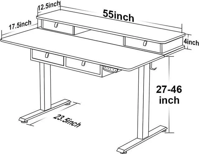 Alt view image 2 of 7 - 55 * 30 Inches Electric Standing Widened Desk Adjustable Height with 4 Drawers, Double Storage Shelves Stand Up Desk, Home Office Workstation Sit Stand up Desk (Rustic Brown)
